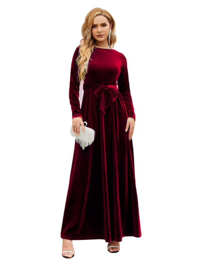 SHOPIQAT Women's Round Neck Belted Gold Velvet Dress - Premium from shopiqat - Just $14.950! Shop now at shopiqat